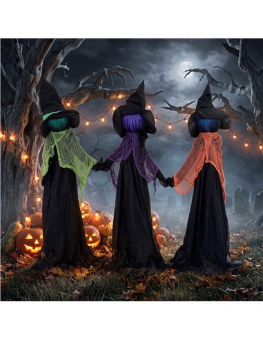 HOMCOM 120cm Witches Holding Hands Halloween Decorations Outdoor Indoor, Scary Halloween Witch Decor with Light-Up Heads