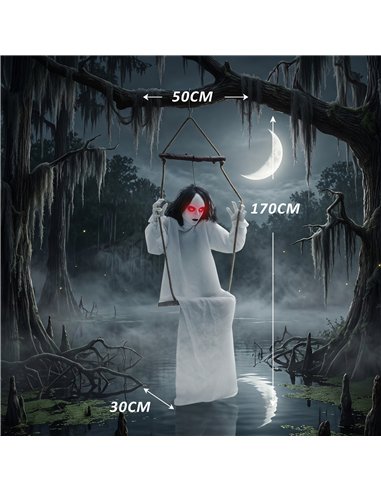 HOMCOM 170cm Animated Hanging Swing Ghost Halloween Decoration, Sound Touch Activated Ghost Halloween Animatronic