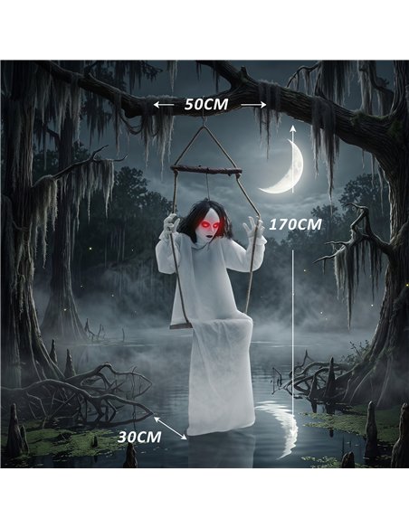 HOMCOM 170cm Animated Hanging Swing Ghost Halloween Decoration, Sound Touch Activated Ghost Halloween Animatronic - pic 210251 | FastDaddyshop
