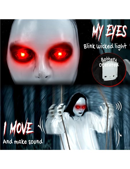 HOMCOM 170cm Animated Hanging Swing Ghost Halloween Decoration, Sound Touch Activated Ghost Halloween Animatronic - pic 210252 | FastDaddyshop