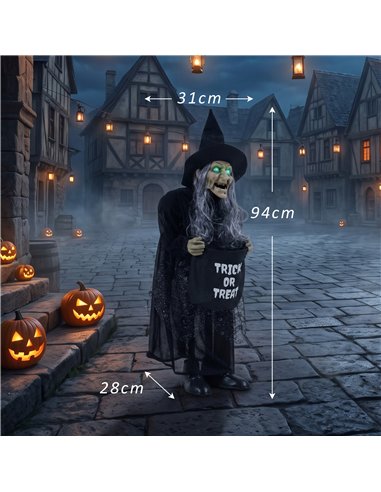 HOMCOM 94cm Animated Witch Halloween Decoration, Scary Halloween Animatronics Decor with Sound Touch Activated & Light Up Eyes