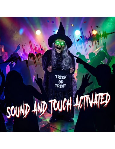 HOMCOM 94cm Animated Witch Halloween Decoration, Scary Halloween Animatronics Decor with Sound Touch Activated & Light Up Eyes