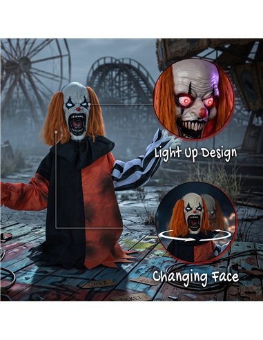 HOMCOM Animated Halloween Face Changing Clown, Animatronic Joker with Cackling Sound, Glowing Eyes, Sound/Touch Activated