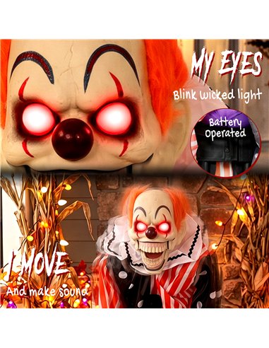 HOMCOM Animated Clown Halloween Decoration, Scary Halloween Animatronics Decor with Sound Touch Activated