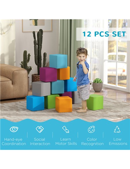 HOMCOM 12 PCs Soft Play Blocks, Soft Foam Toy, Building and Stacking Blocks for Kids, Grey - pic 210336 | FastDaddyshop
