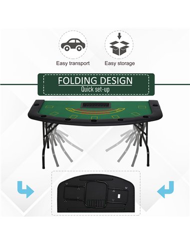 HOMCOM Poker Table, 7-Player Folding Blackjack Table with Chip Tray, Cup Holders, Padded Rails, 182 x 91 x 75 cm, Green