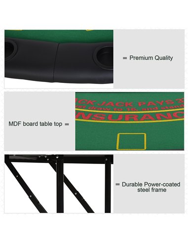 HOMCOM Poker Table, 7-Player Folding Blackjack Table with Chip Tray, Cup Holders, Padded Rails, 182 x 91 x 75 cm, Green