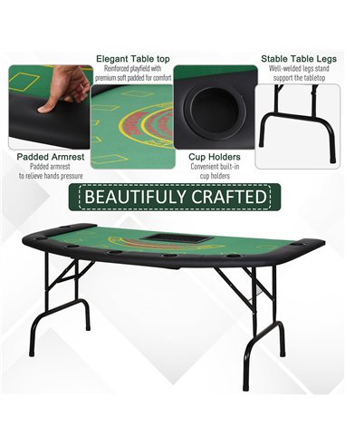 HOMCOM Poker Table, 7-Player Folding Blackjack Table with Chip Tray, Cup Holders, Padded Rails, 182 x 91 x 75 cm, Green