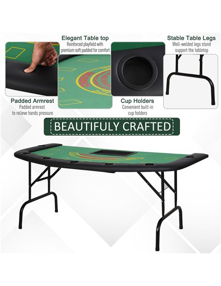 HOMCOM Poker Table, 7-Player Folding Blackjack Table with Chip Tray, Cup Holders, Padded Rails, 182 x 91 x 75 cm, Green - pic 210345 | FastDaddyshop