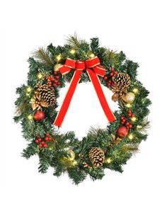 HOMCOM 60cm Pre-Lit Artificial Christmas Door Wreath Holly LED Decor Pine Cones Hanging Glittered Festival Indoor Decoration