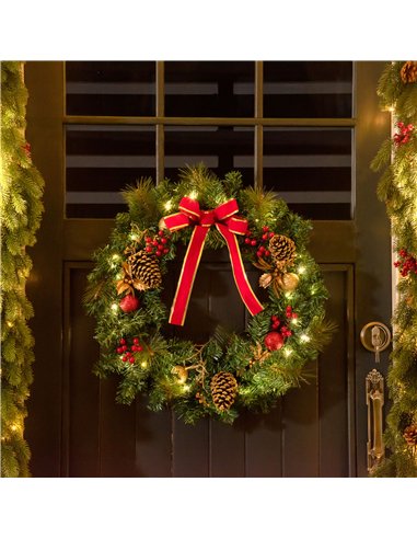 HOMCOM 60cm Pre-Lit Artificial Christmas Door Wreath Holly LED Decor Pine Cones Hanging Glittered Festival Indoor Decoration