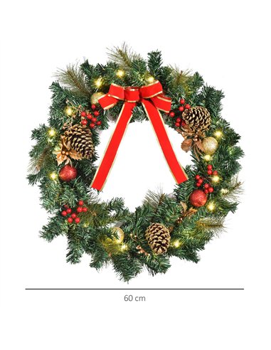 HOMCOM 60cm Pre-Lit Artificial Christmas Door Wreath Holly LED Decor Pine Cones Hanging Glittered Festival Indoor Decoration