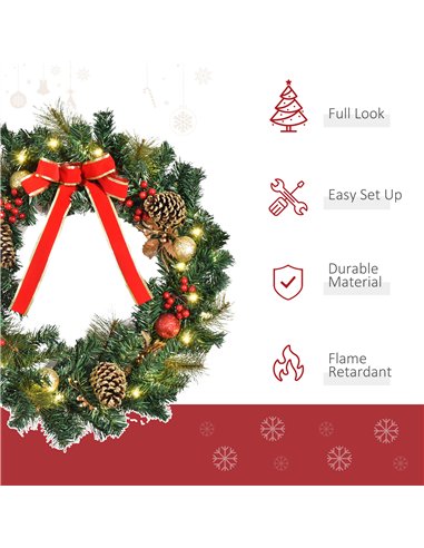 HOMCOM 60cm Pre-Lit Artificial Christmas Door Wreath Holly LED Decor Pine Cones Hanging Glittered Festival Indoor Decoration