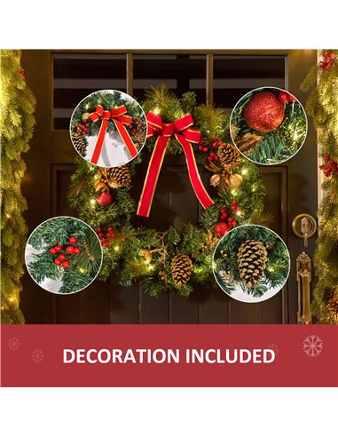 HOMCOM 60cm Pre-Lit Artificial Christmas Door Wreath Holly LED Decor Pine Cones Hanging Glittered Festival Indoor Decoration