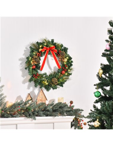 HOMCOM 60cm Pre-Lit Artificial Christmas Door Wreath Holly LED Decor Pine Cones Hanging Glittered Festival Indoor Decoration