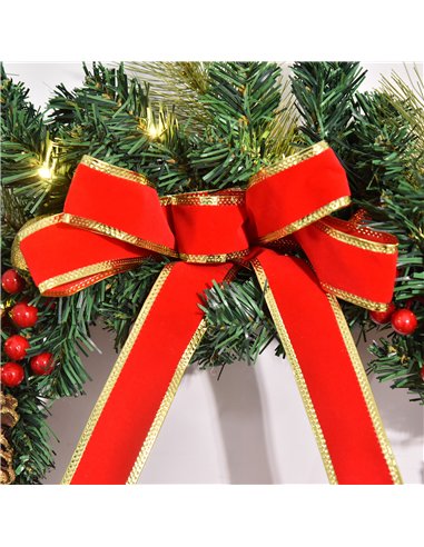 HOMCOM 60cm Pre-Lit Artificial Christmas Door Wreath Holly LED Decor Pine Cones Hanging Glittered Festival Indoor Decoration