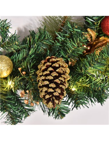 HOMCOM 60cm Pre-Lit Artificial Christmas Door Wreath Holly LED Decor Pine Cones Hanging Glittered Festival Indoor Decoration