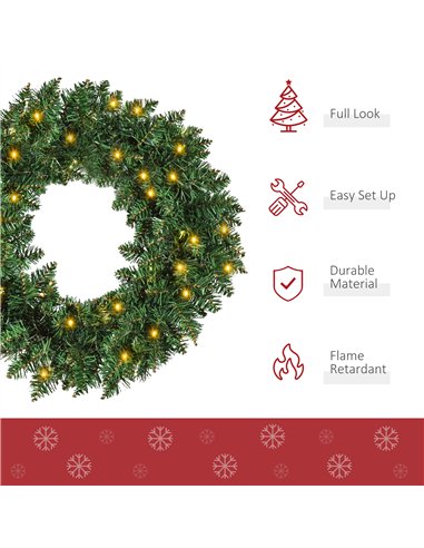 HOMCOM 55CM Pre-lit Christmas Wreath with 50 Warm White LED Ideal Xmas Artificial Door Decoration