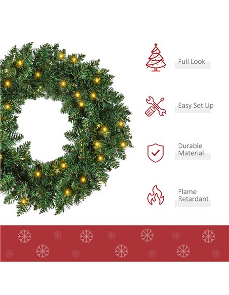 HOMCOM 55CM Pre-lit Christmas Wreath with 50 Warm White LED Ideal Xmas Artificial Door Decoration - pic 210360 | FastDaddyshop