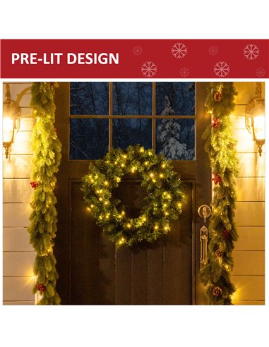 HOMCOM 55CM Pre-lit Christmas Wreath with 50 Warm White LED Ideal Xmas Artificial Door Decoration