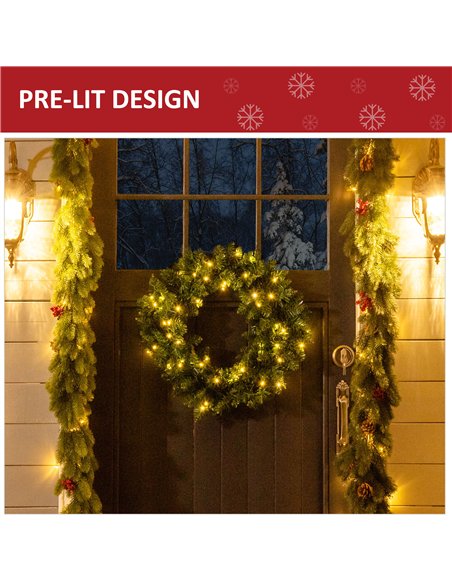 HOMCOM 55CM Pre-lit Christmas Wreath with 50 Warm White LED Ideal Xmas Artificial Door Decoration - pic 210361 | FastDaddyshop
