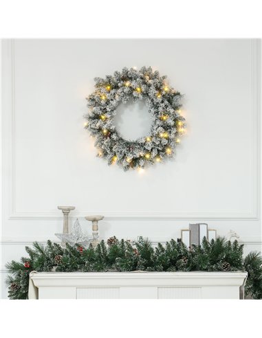 HOMCOM 60" Snowy Pine Cone and Berry Christmas Wreath, with LED Lights