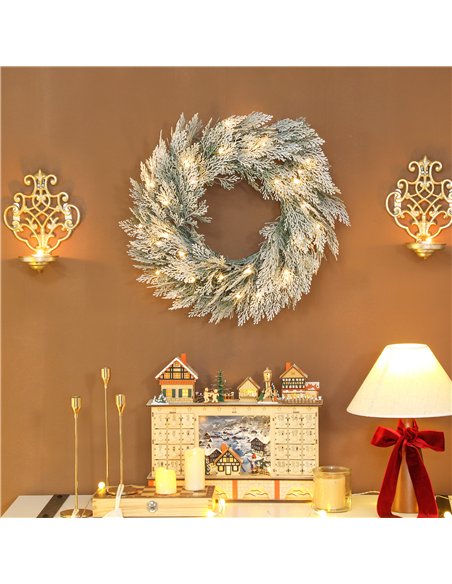 HOMCOM 60cm/ 24inch Flocked Prelit Christmas Wreath - pic 210376 | FastDaddyshop