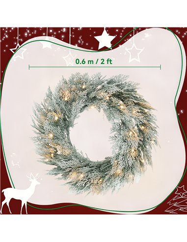 HOMCOM 60cm/ 24inch Flocked Prelit Christmas Wreath