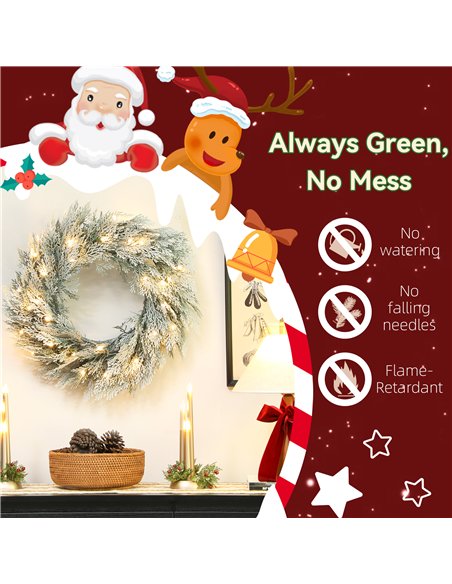 HOMCOM 60cm/ 24inch Flocked Prelit Christmas Wreath - pic 210378 | FastDaddyshop