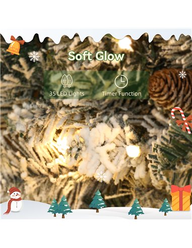 HOMCOM 60cm/ 24inch Flocked Prelit Christmas Wreath