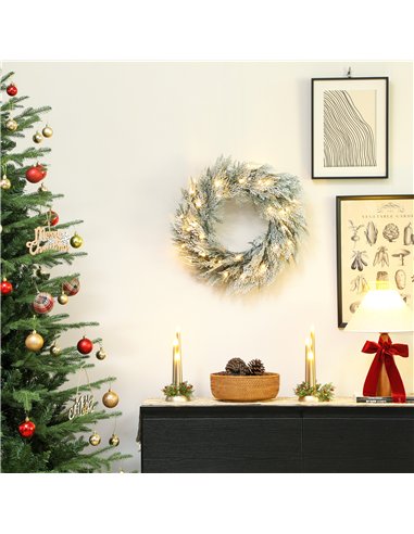 HOMCOM 60cm/ 24inch Flocked Prelit Christmas Wreath