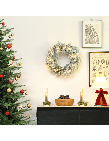 HOMCOM 60cm/ 24inch Flocked Prelit Christmas Wreath - pic 210382 | FastDaddyshop