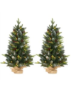 HOMCOM Set of Two 3ft Christmas Trees, with Lights, Berries and Pinecones