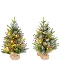 HOMCOM Set of Two 2ft Christmas Trees, with Lights, Berries and Pinecones