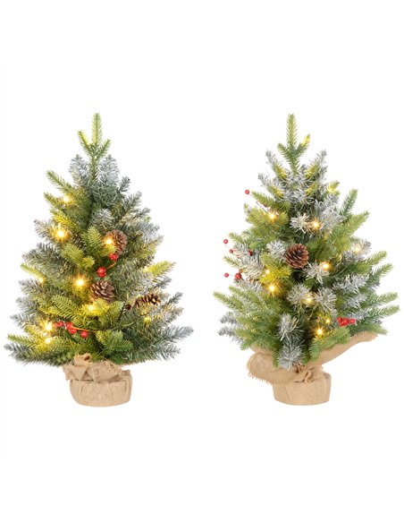 HOMCOM Set of Two 2ft Christmas Trees, with Lights, Berries and Pinecones - pic 210393 | FastDaddyshop