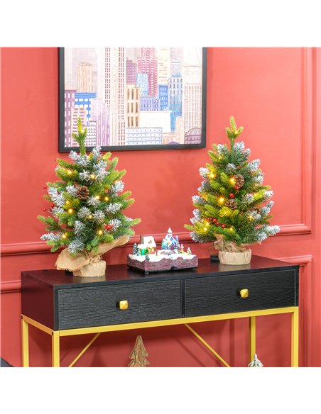 HOMCOM Set of Two 2ft Christmas Trees, with Lights, Berries and Pinecones - pic 210394 | FastDaddyshop