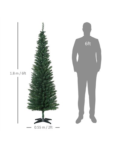 HOMCOM 6ft Unlit Artificial Christmas Tree, Pencil Slim Xmas Tree with Solid Stand and Realistic Branches, Green