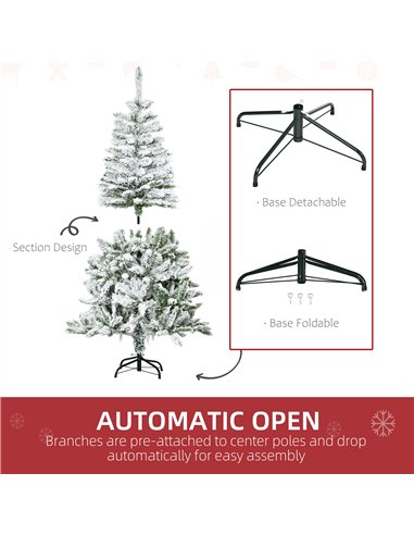 HOMCOM 5 Ft Snow Flocked Artificial Christmas Tree Xmas Pine Tree with Realistic Branches, Auto Open and Steel Base, Green