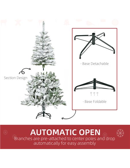 HOMCOM 5 Ft Snow Flocked Artificial Christmas Tree Xmas Pine Tree with Realistic Branches, Auto Open and Steel Base, Green - pic 210425 | FastDaddyshop