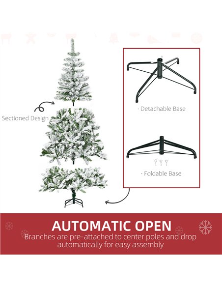 HOMCOM 6 Ft Snow Flocked Artificial Christmas Tree Xmas Pine Tree with Realistic Branches, Auto Open and Steel Base, Green - pic 210434 | FastDaddyshop