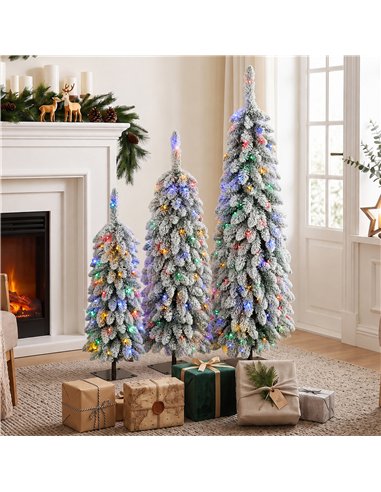 HOMCOM Artificial Christmas Tree Set of 3, Snowy Pre-Lit Christmas Tree with PVC Branch Tips, 90/120/150 cm, Green White