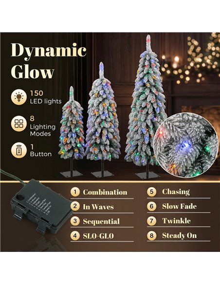 HOMCOM Artificial Christmas Tree Set of 3, Snowy Pre-Lit Christmas Tree with PVC Branch Tips, 90/120/150 cm, Green White - pic 210451 | FastDaddyshop