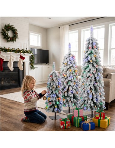 HOMCOM Artificial Christmas Tree Set of 3, Snowy Pre-Lit Christmas Tree with PVC Branch Tips, 90/120/150 cm, Green White