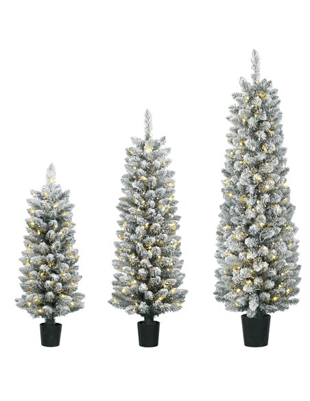 HOMCOM Prelit Snowy Flocked Artificial Christmas Tree Set of 3, Slim Xmas Tree with PVC Tips, 3FT+4FT+5FT - pic 210456 | FastDaddyshop