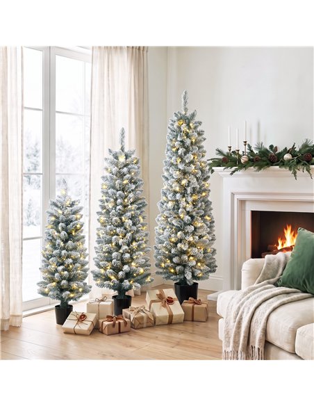 HOMCOM Prelit Snowy Flocked Artificial Christmas Tree Set of 3, Slim Xmas Tree with PVC Tips, 3FT+4FT+5FT - pic 210457 | FastDaddyshop