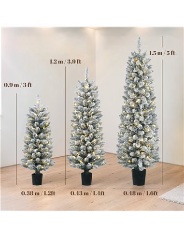 HOMCOM Prelit Snowy Flocked Artificial Christmas Tree Set of 3, Slim Xmas Tree with PVC Tips, 3FT+4FT+5FT