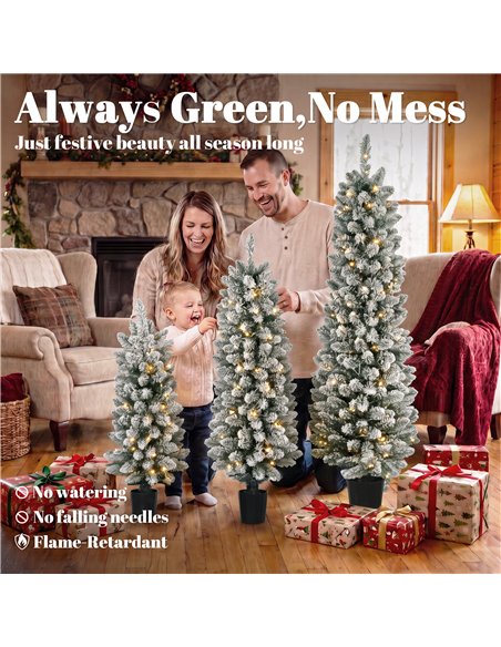 HOMCOM Prelit Snowy Flocked Artificial Christmas Tree Set of 3, Slim Xmas Tree with PVC Tips, 3FT+4FT+5FT - pic 210459 | FastDaddyshop