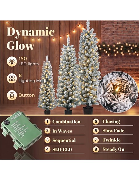 HOMCOM Prelit Snowy Flocked Artificial Christmas Tree Set of 3, Slim Xmas Tree with PVC Tips, 3FT+4FT+5FT - pic 210460 | FastDaddyshop
