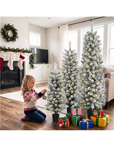 HOMCOM Prelit Snowy Flocked Artificial Christmas Tree Set of 3, Slim Xmas Tree with PVC Tips, 3FT+4FT+5FT