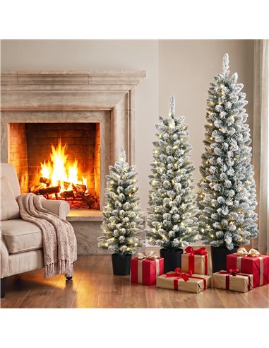 HOMCOM Prelit Snowy Flocked Artificial Christmas Tree Set of 3, Slim Xmas Tree with PVC Tips, 3FT+4FT+5FT